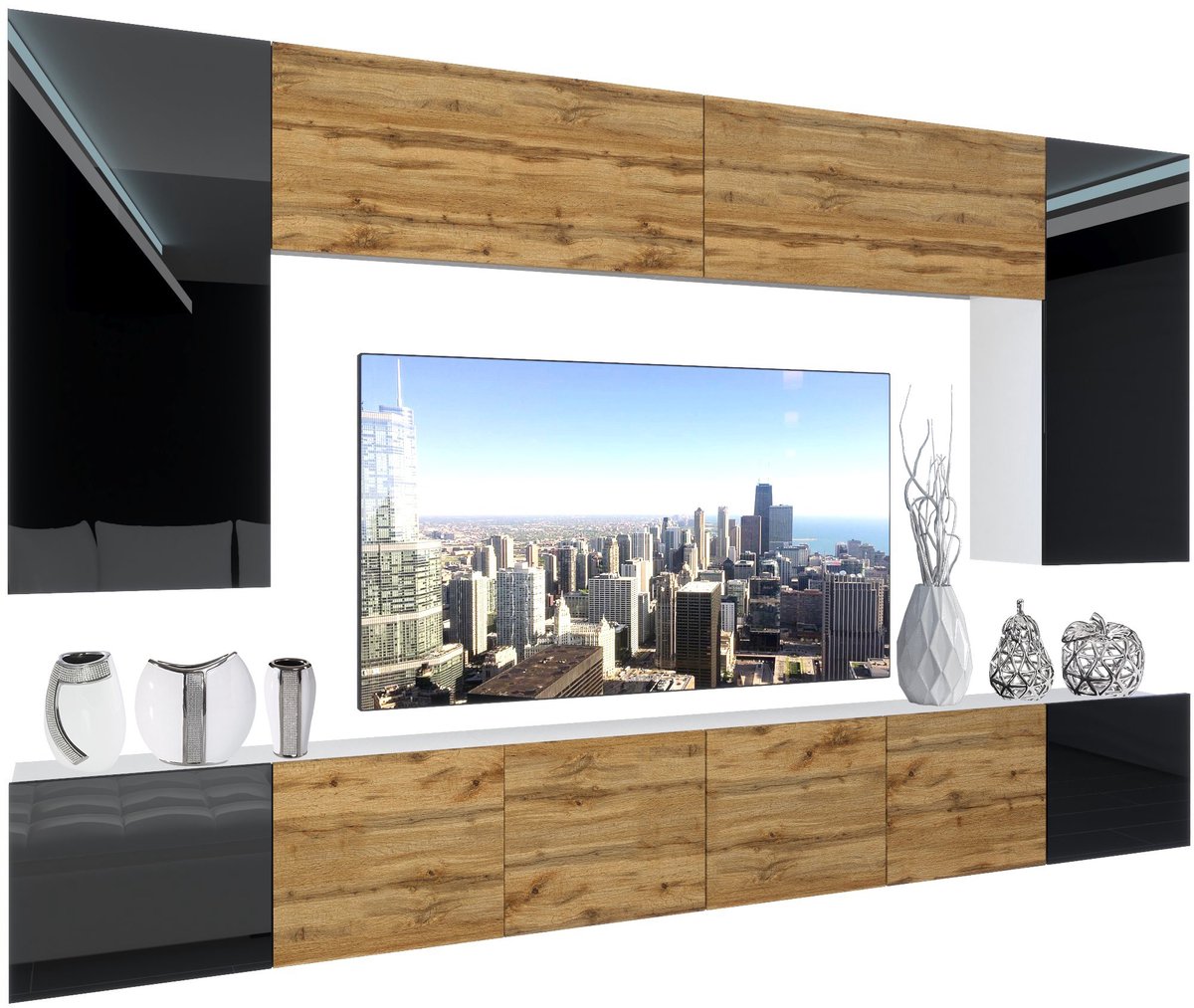 BELINI Wandmeubel NEX 2 - TV-Wandkast Set met LED-Verlichting Zwart / Wotan Eiken - Hoogglans Fronten