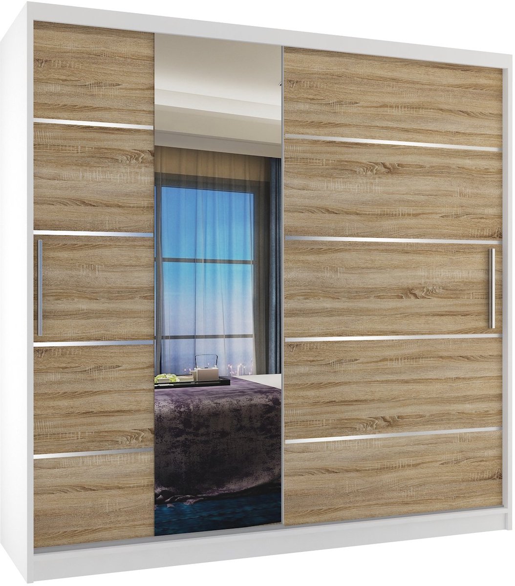 BELINI Verona MBP Schuifdeurkast 200 cm Wit/Sonoma Eiken Mat - Kledingkast met Spiegel - Comfort Line Slaapkamerkast