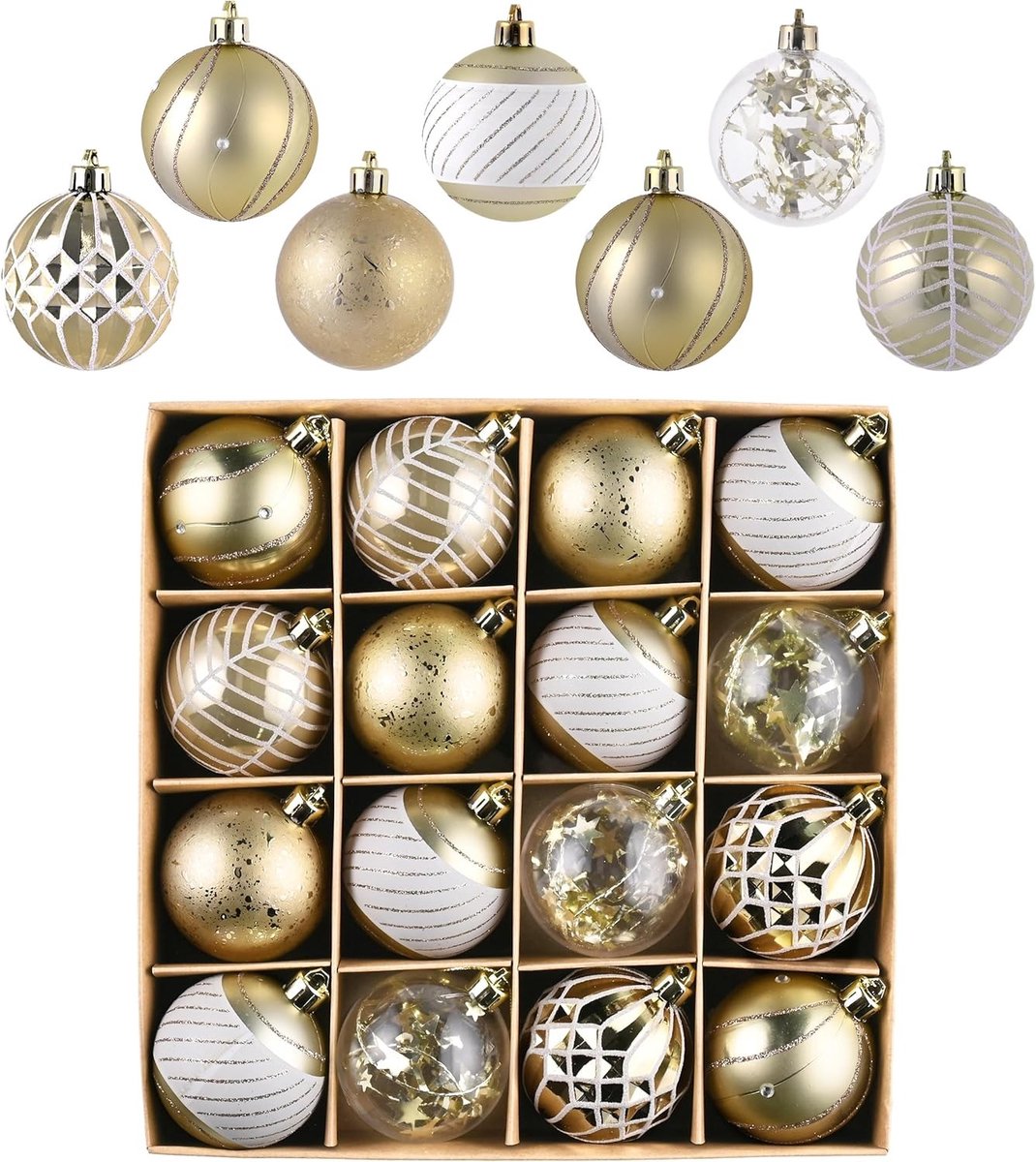 Set van 16 Shatterproof Kerstballen van 60mm in Wit en Goud voor Kerstboomdecoratie en Feestelijke Versiering