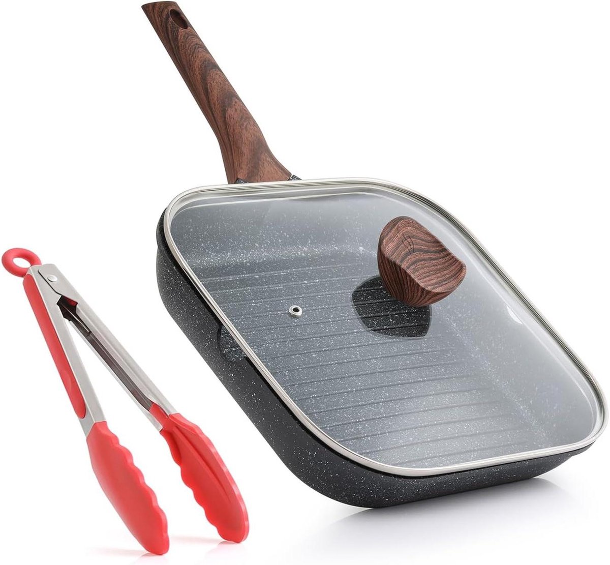 Grillpan met Deksel Vierkante Bakplaat Binnen Koken Gezonde Antiaanbaklaag 28 cm Zwart