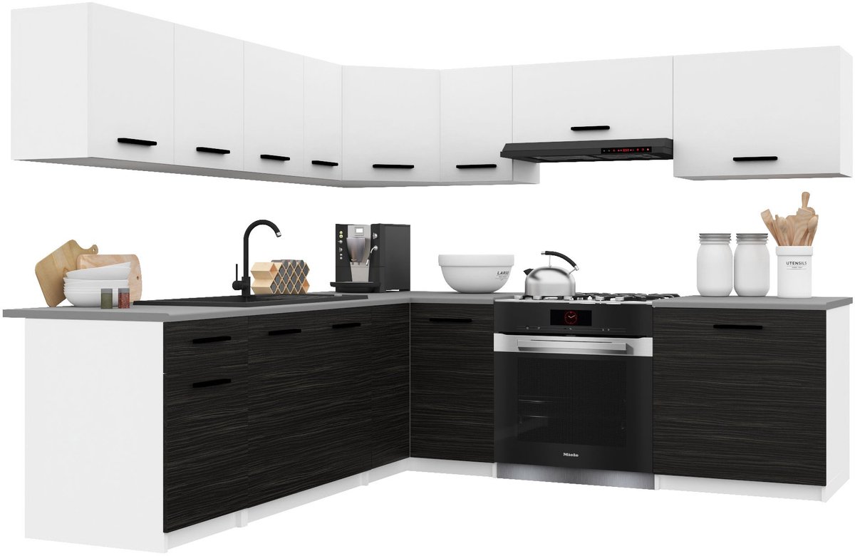 BELINI Keukenblok ITALIA 7 - Keukenmeubel Set 420 cm Wit-Ebbenhout Mat met Werkbladen - Boven- en Onderkasten