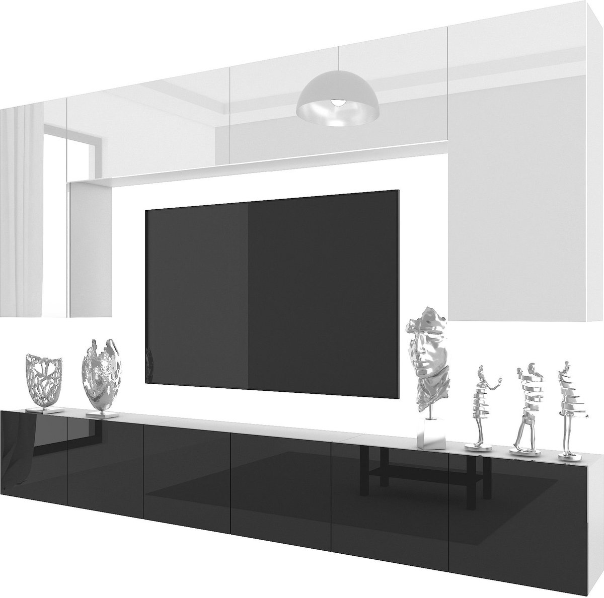 BELINI Wandmeubel Milano 2 300 cm Wit/Zwart Hoogglans - TV-Wand Greeploos - Moderne Woonwa