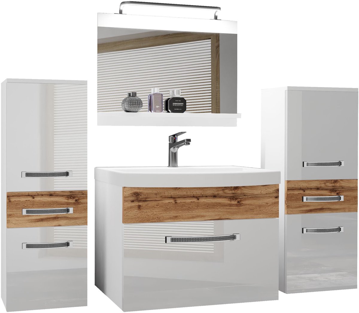 BELINI Badkamermeubel Set GLA PM 4 - Badmeubelset 140 cm Wit Wotan Eiken Hoogglans en Mat met Wastafel, Spiegel en LED Lamp - Wandmontage