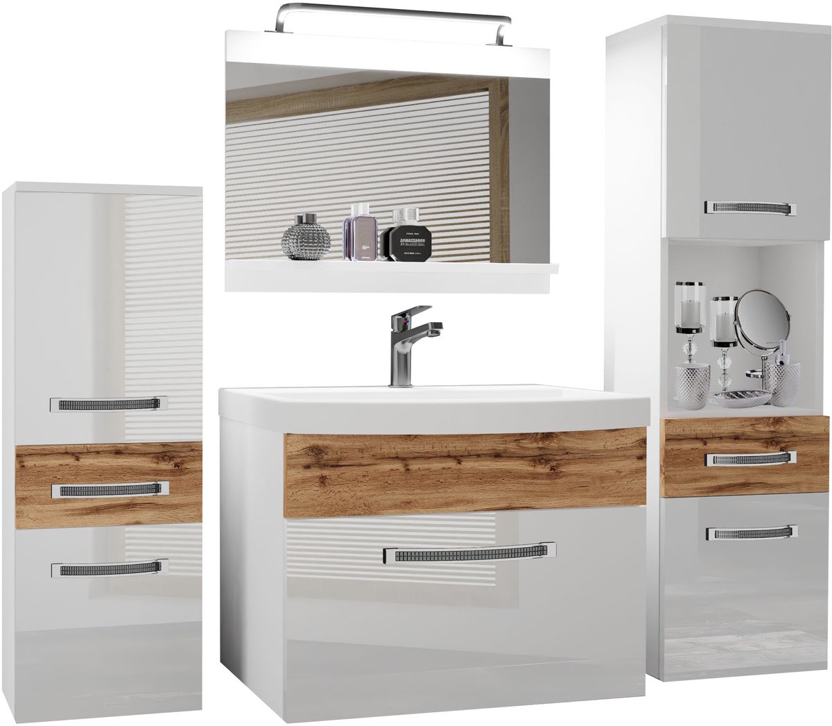 BELINI Badkamermeubel Set GLA PM 5 - Badmeubelset 140 cm Wit Wotan Eiken Hoogglans Mat met Wastafel, Spiegel en LED Lamp - Wandmontage