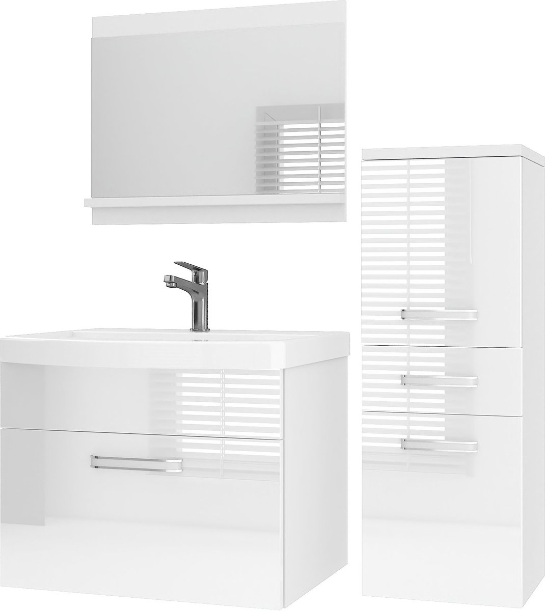 BELINI Badkamermeubel Set PRI P2 - Badmeubelset 90 cm Wit Hoogglans met Wastafel en Spiegel - Wandmontage