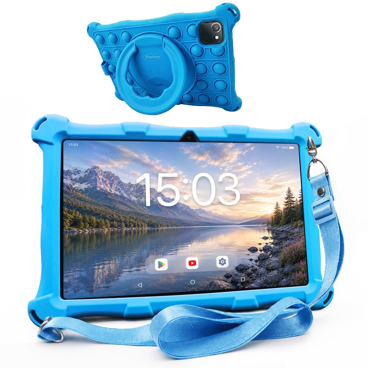 AngelTech Kindertablet XL – 3+4GB RAM - 32GB – Android 15 - 100%Kidsproof - Extra Groot – Vanaf 3 Jaar - Ook Voor Volwassen Gebruik - 10 Inch - Ouderlijk Toezicht – Fidgy Beschermhoes – Blauw