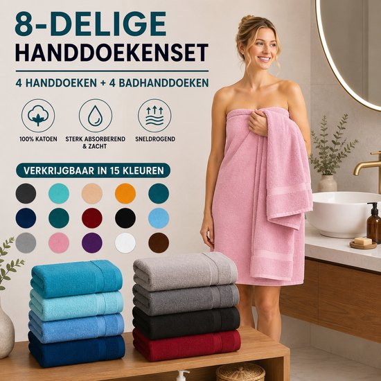 Ensemble de serviettes Komfortec – Set de 8 - 4 serviettes 50x100 cm et 4 draps de bain 70x140 cm - 100 % Katoen - Anthracite et rose