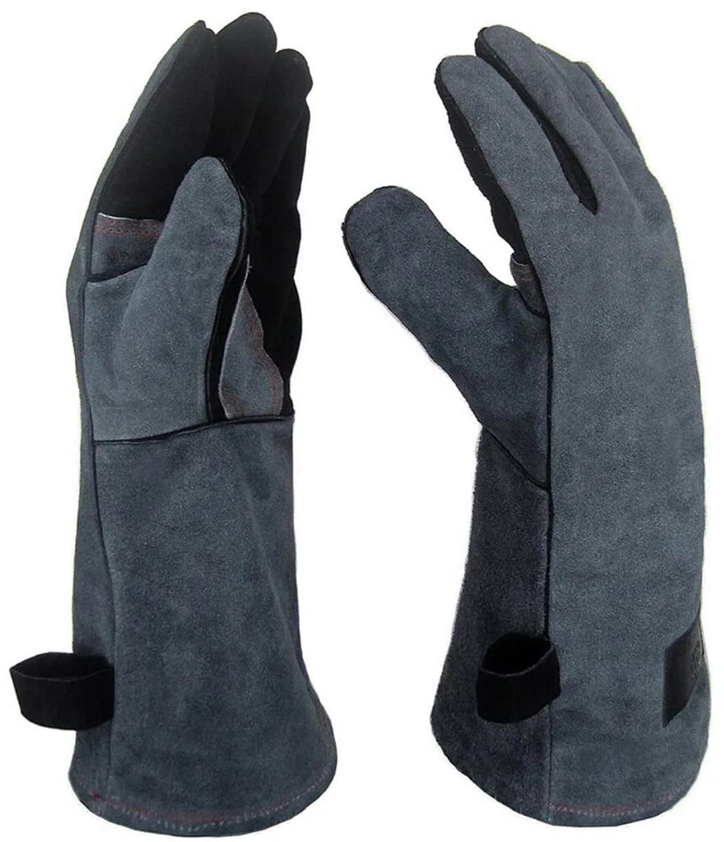 BBQ-handschoenen - Set van 2 - Hittebestendig tot 500 °C - Outdoor BBQ-handschoenen - Verlengde leren lashandschoenen - Hitte-isolatie en bescherming tegen verbranding - 40 cm - Geschikt voor BBQ en oven - Grijs-zwart