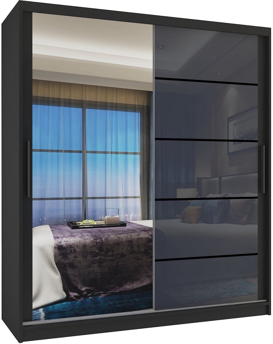 BELINI Verona MGB Schuifdeurkast 133 cm Zwart/Grijs Hoogglans - Kledingkast met Spiegel - Comfort Line Hoogglans