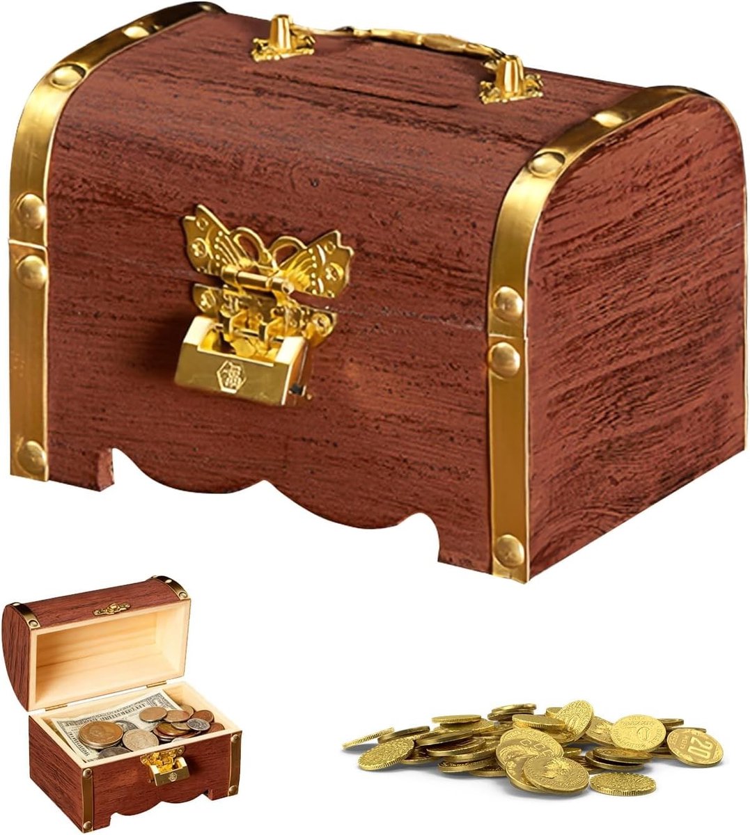 Retro Houten Schatkist - Kleine Opbergdoos met Slot en Sleutels voor Decoratie en Geldopslag, Vintage Stijl, Perfect voor Cadeaus en Verzamelingen