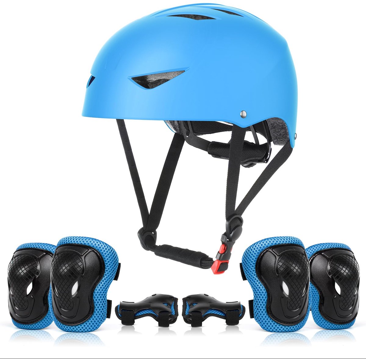 SnelShoppen - Kids Helm en Pads Set voor Kinderen 5-15 Jaar - Veiligheidshelm, Kniebeschermers, Elleboog Pads, Pols Pads - Blauw voor Skateboard, Roll