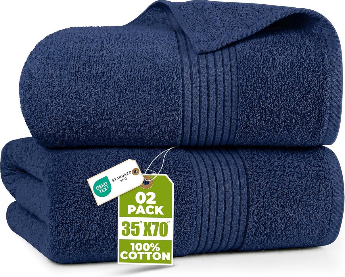 SnelShoppen - Set van 2 XL Badhanddoeken 90x180cm - 100% Katoen, Super Zacht en Sneldrogend, Luxe Hotelkwaliteit in Navy, Perfect voor Thuis, Zwembad,
