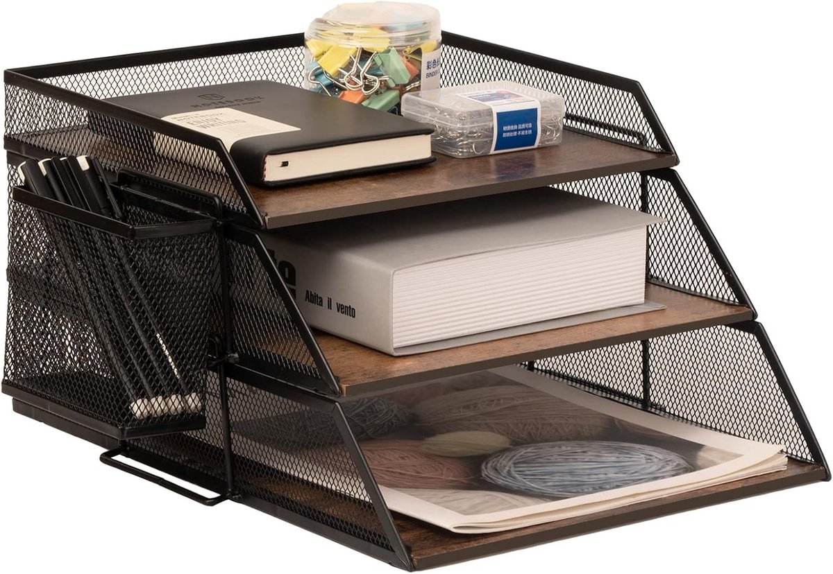 SnelShoppen - Brievenbakje van Hout en Metaal in Vintage-Stijl, Stapelbare Bureau-Organizer met 3-Pennenhouder voor Documenten, Tijdschriften en Post