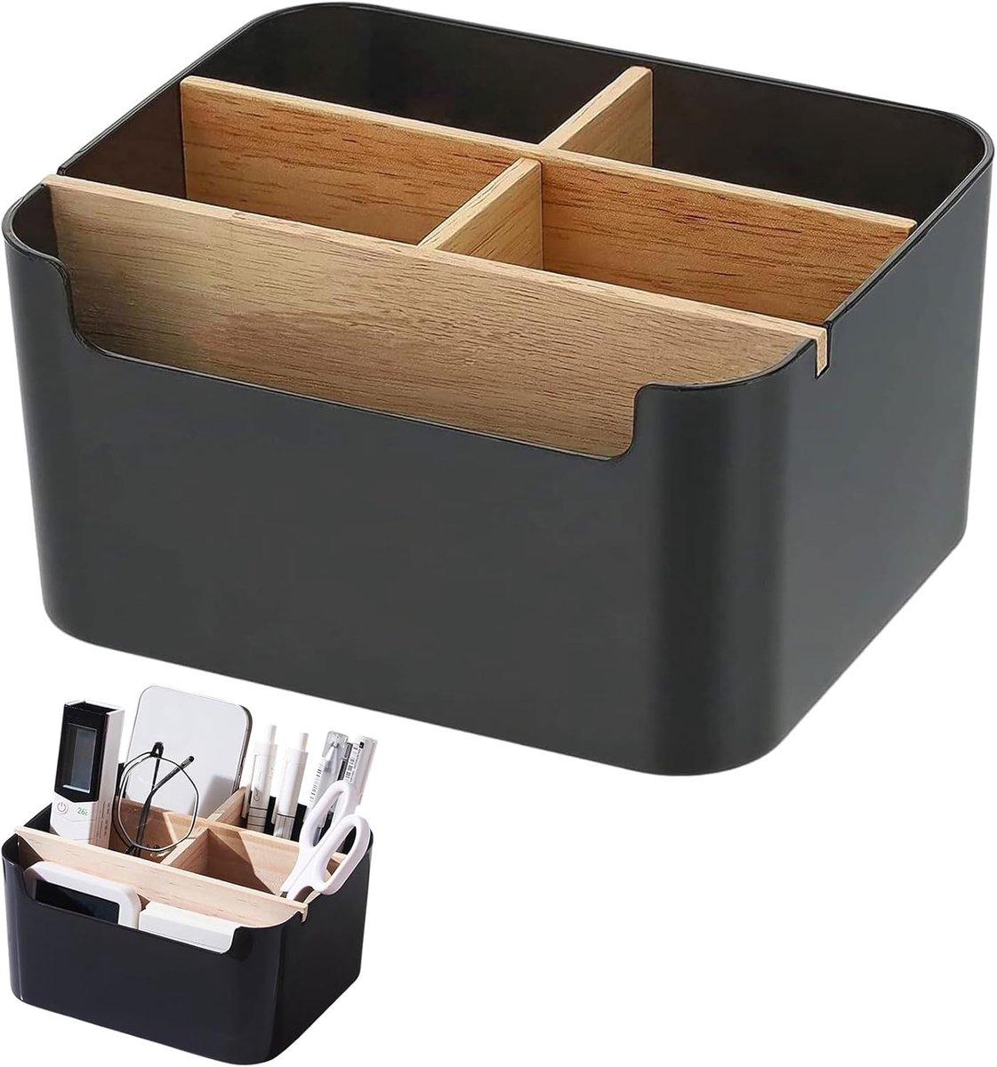SnelShoppen - Bamboe Tafelorganizer met 5 Vakken, Houten Bureau-Pen Organizer, Desk Organizer voor Cosmetica en Kleine Voorwerpen, Houten Desktop Orga