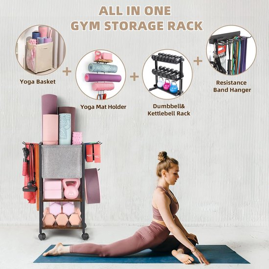 SnelShoppen - Yoga Mat Opbergrek, Multilaags Yoga Mat Houder, Fitness Apparatuur, Dumbbell Rek met Haakjes en Wielen, Thuis Gym Workout Opbergoplossin van Snelshoppen — afbeelding 4