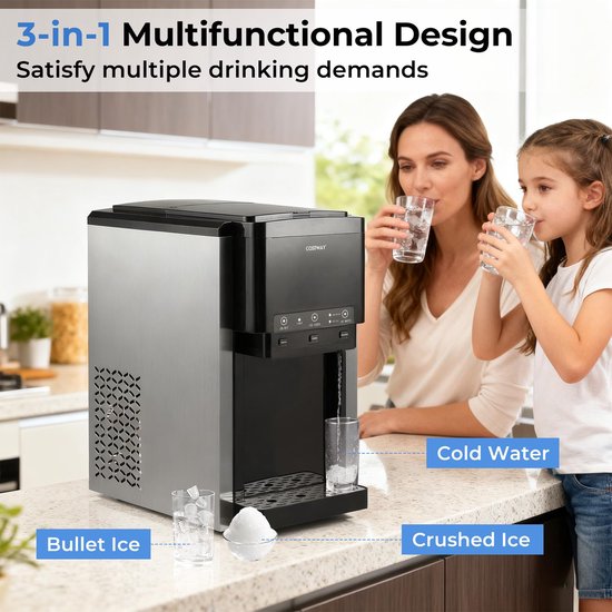 3-in-1 IJsblokjesmachine - Waterdispenser Gemalen IJs - Thuis Keuken Kantoor - 12 IJsblokjes 9 Minuten - 44x28x48 cm - Zwart — afbeelding 5