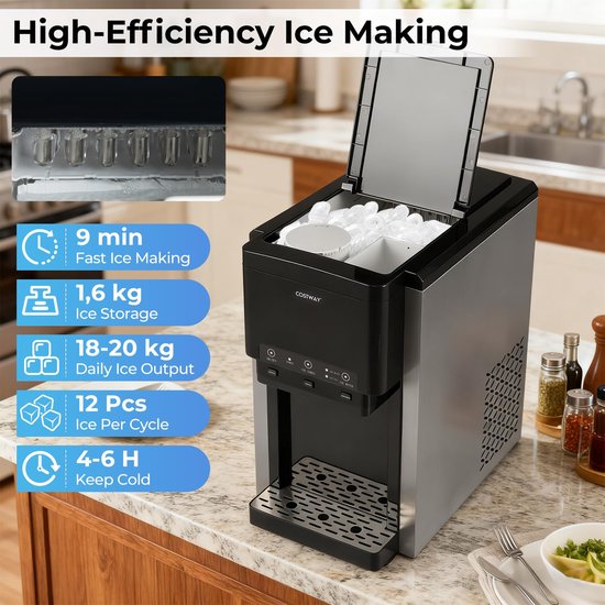 3-in-1 IJsblokjesmachine - Waterdispenser Gemalen IJs - Thuis Keuken Kantoor - 12 IJsblokjes 9 Minuten - 44x28x48 cm - Zwart — afbeelding 4