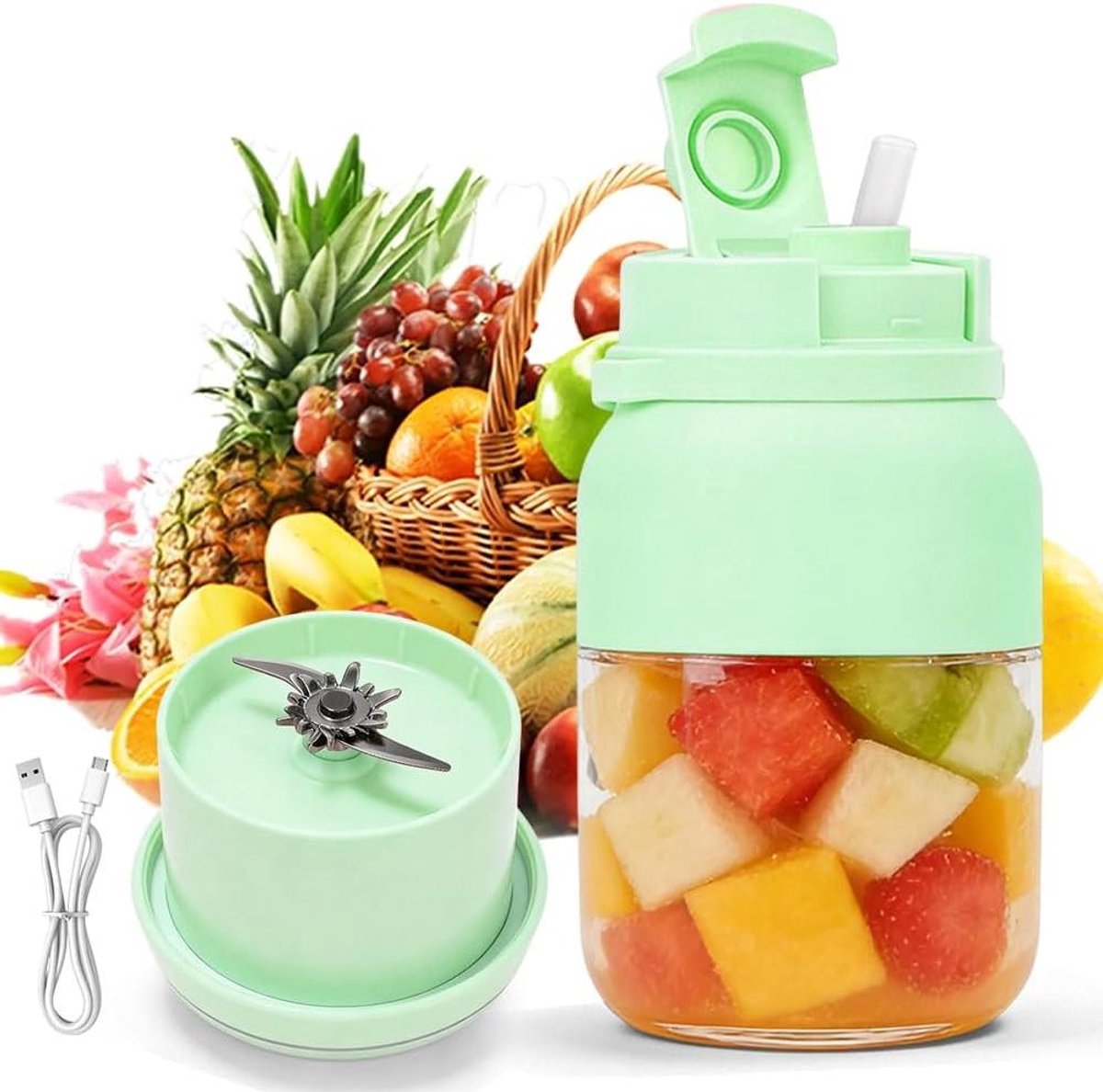 Draagbare blender - Smoothiemaker fles - Verse sappen maken - 38 roestvrijstalen messen - 1200 ml capaciteit - Groen