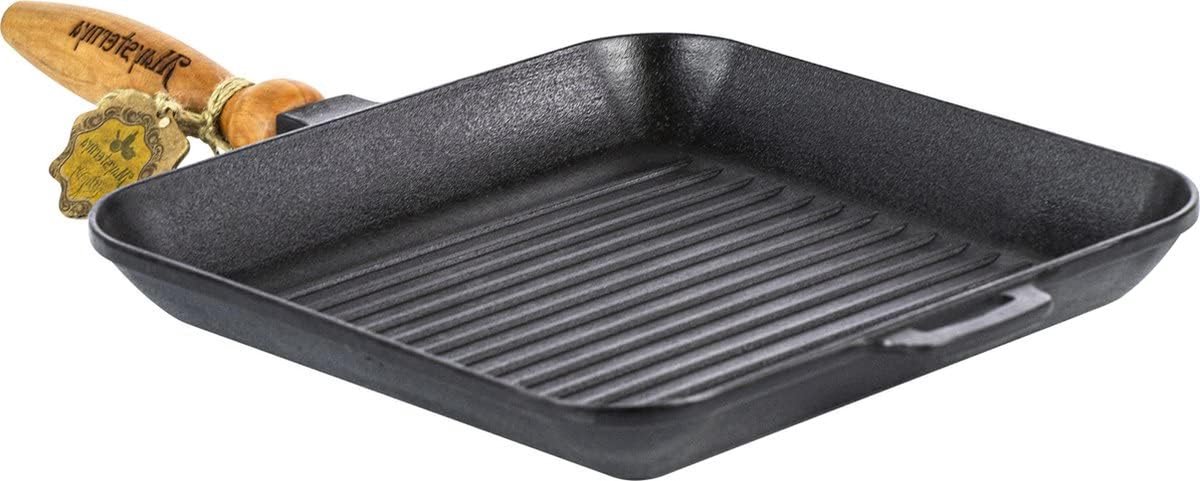 Gietijzeren Grillpan - Koekenpan Steak - Buiten Koken - Houtgreep Vaatwasserbestendig - 28x28 cm - Zwart