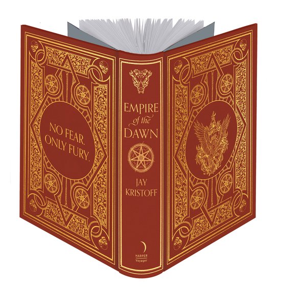 Rood boek met gouden ornamenten, 'Empire of the Dawn' van Jay Kristoff, 'No Fear. Only Fury.'