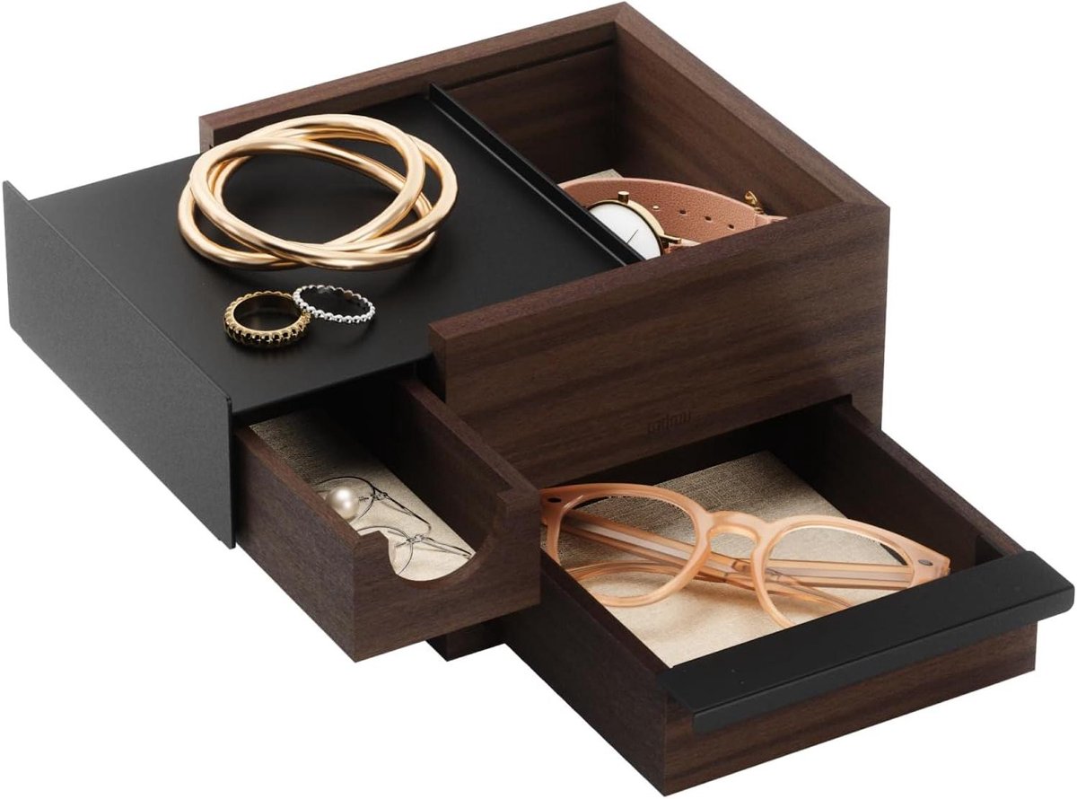 Sieradendoos - Opbergdoos - Sieraden Opbergen - Verborgen Vakken - 16.5 x 15 x 11 cm - Zwart Walnoot