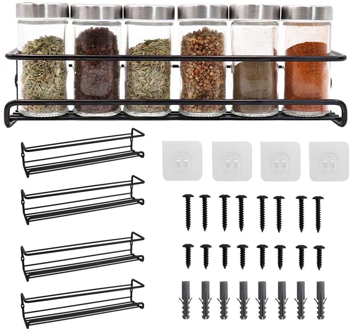 SnelShoppen - Kruidenrek voor aan de muur, 4-delige set, hangend zonder boren, metalen kruidenrek, wandkeukenrek, zwarte kruidenstandaard voor keuken