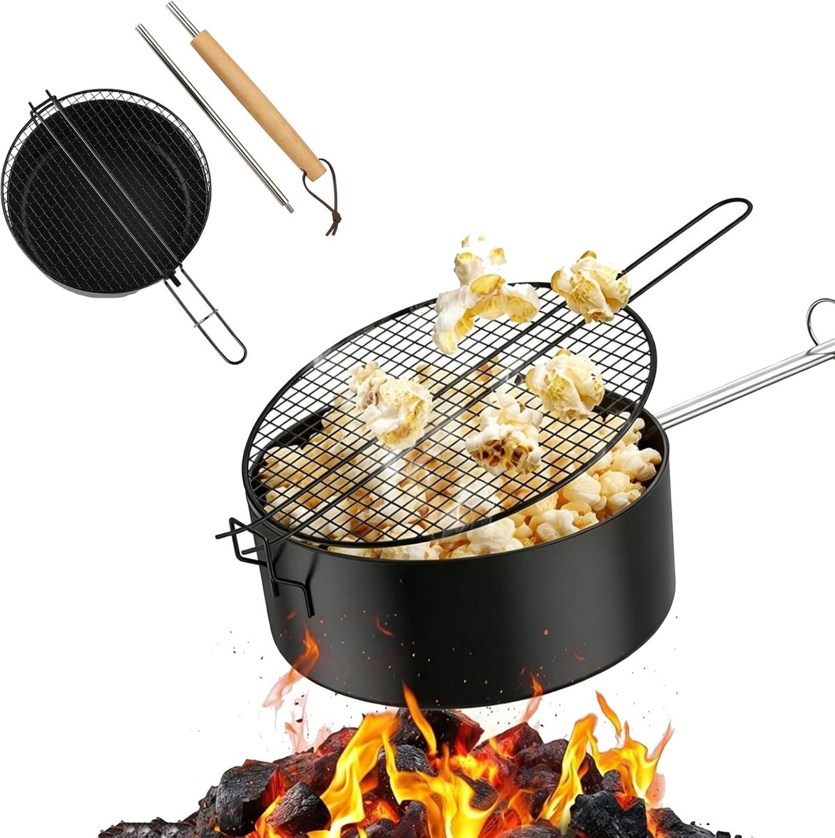 SnelShoppen - Popcornmaker voor Kampvuur met Anti-aanbaklaag, Draagbare Popcornpan met Verlengd Handvat en Netdeksel voor Barbecue, Camping, Tuinfeest