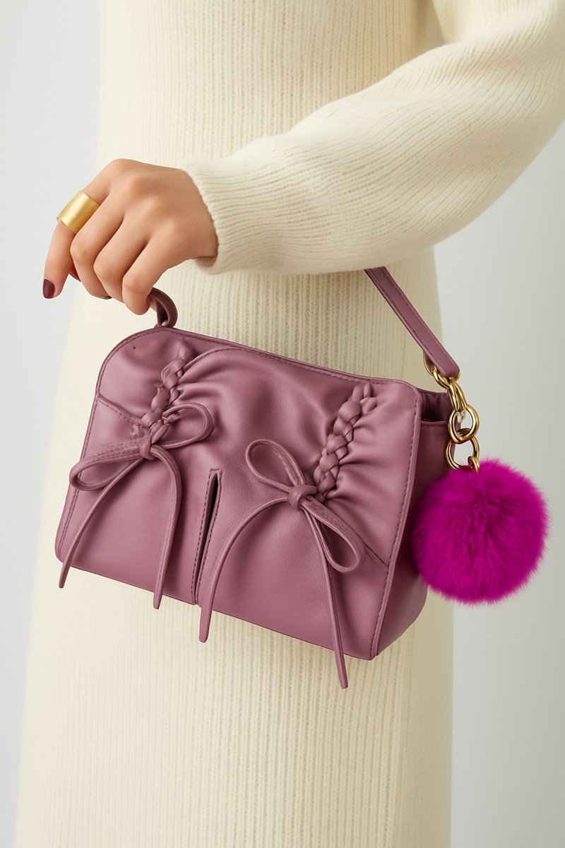 Sleutelhanger - fluffy bal - pluche - fuchsia