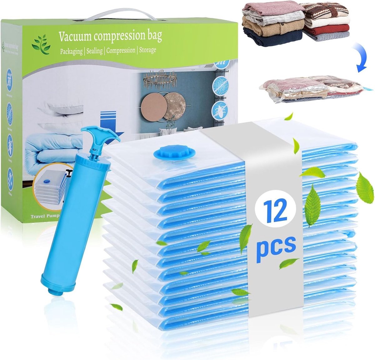 SnelShoppen - Vacuümzakken voor Kleding Set van 12, 60 x 40 cm, 80% Ruimtebesparend, Herbruikbare Vacuüm Kledingzakken met Handpomp, Ideaal voor Vakan