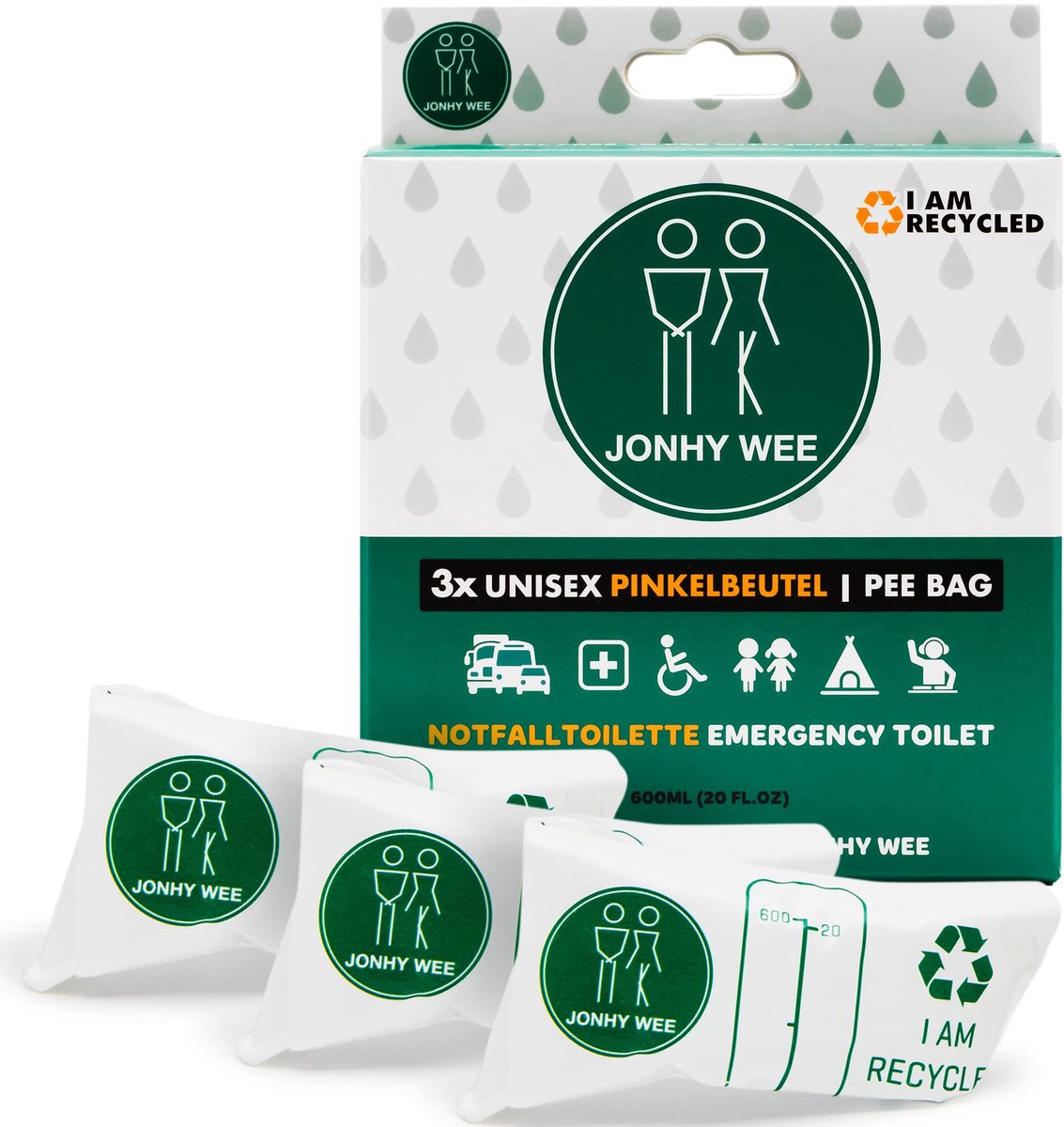 SnelShoppen - Jonhy Wee Plaszak Urinoir voor Onderweg 600 ml - 3 Stuks Draagbaar Toilet voor Vrouwen, Kinderen en Mannen - Noodtoilet voor Auto, Campi