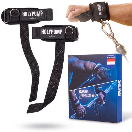 Twee zwarte lifting straps, een pols met een strap en karabijnhaak, en de verpakking met de tekst 'HOLYPUMP LIFTING STRAPS'.