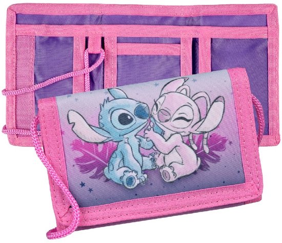 Roze portemonnee met paarse voering, met afbeelding van Stitch en Angel.