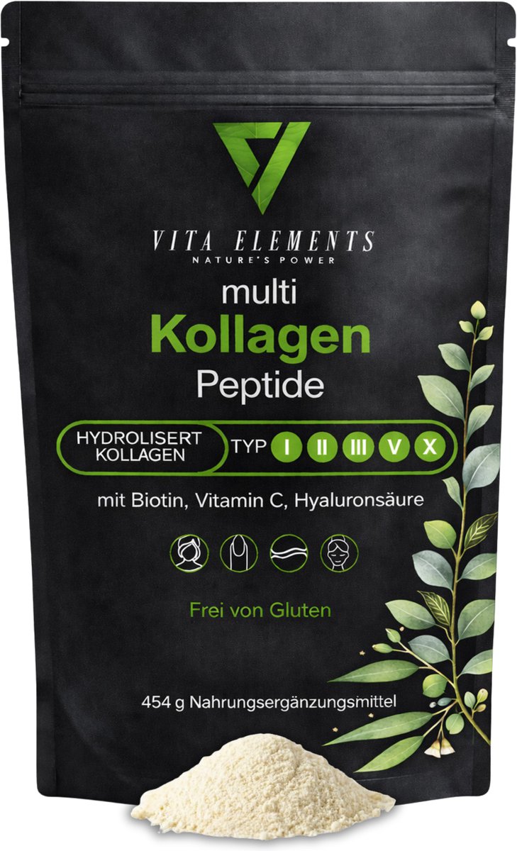 Vita Elements Collageen Peptiden Poeder - 5 Soorten Collageen met Biotine, Vitamine C en Hyaluronzuur - voor Huid, Haar en Nagels - 454 g - Getest