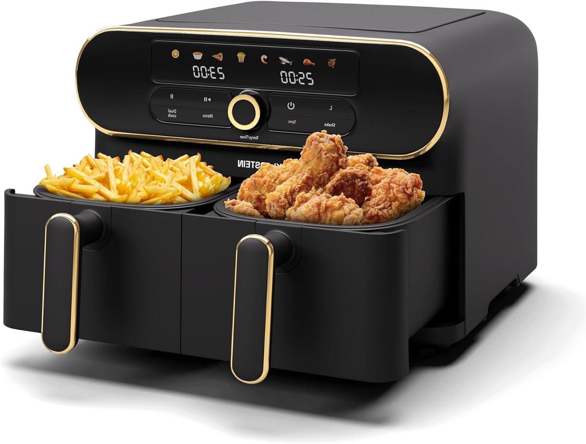 Heteluchtfriteuse - Dubbele mand - Gezond Koken - Twee aparte zones - 11 Liter - Zwart Goud
