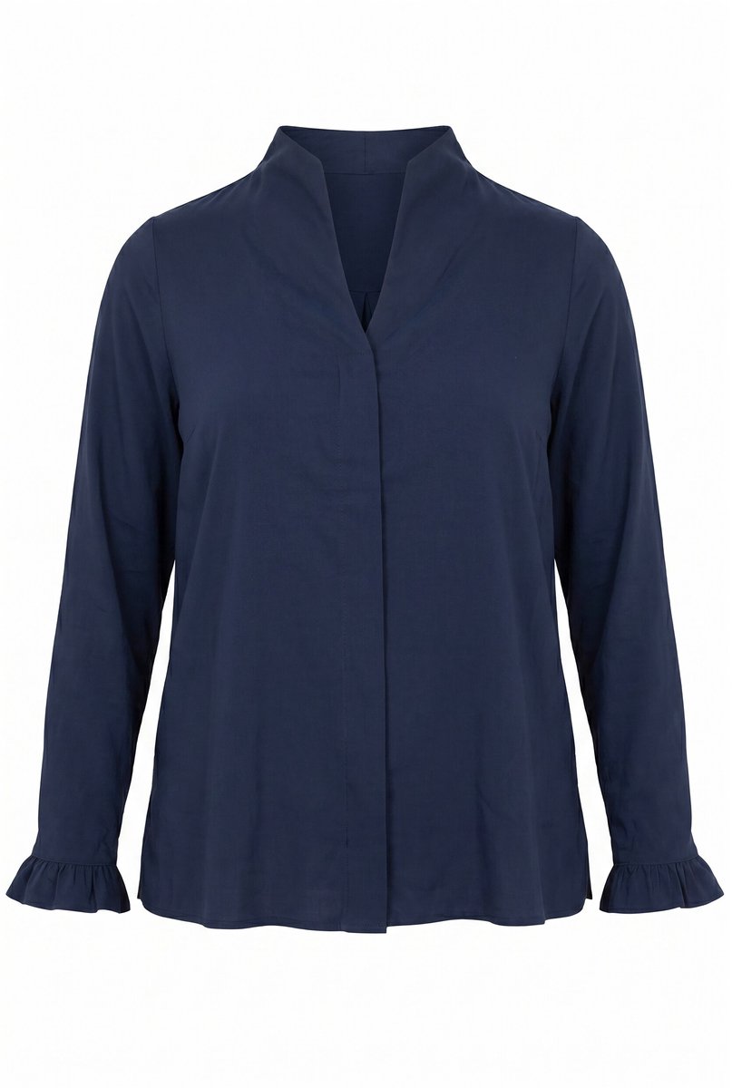 Ulla Popken - Dames - Blouse gobletkraag lange mouwen manchetten met ruches - Donkermarine - Maat 54+