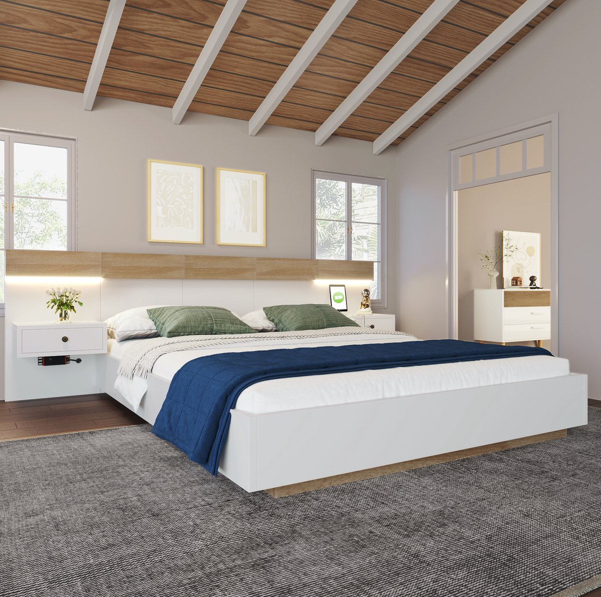 COVREO Bedframe 140x200 cm 205x244x90,5 cm wit eiken, LED, zonder matras