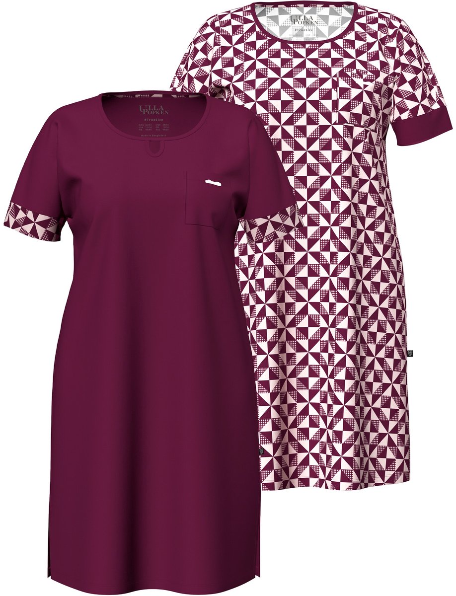 Ulla Popken - Dames - Bigshirts set van 2 ruit ronde hals korte mouw - Donker bes - Maat 42+