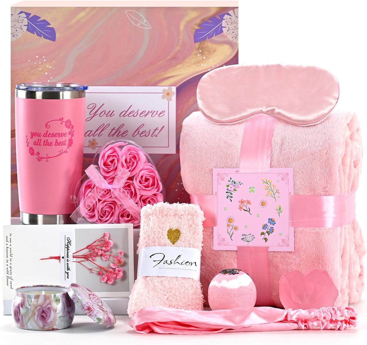 SnelShoppen - Cadeausets voor Vrouwen - Verjaardagscadeaus - Spa-geschenkdozen - Zelfverzorgingspakketten met Deken, Geurkaarsen en Kopjes - Doordacht