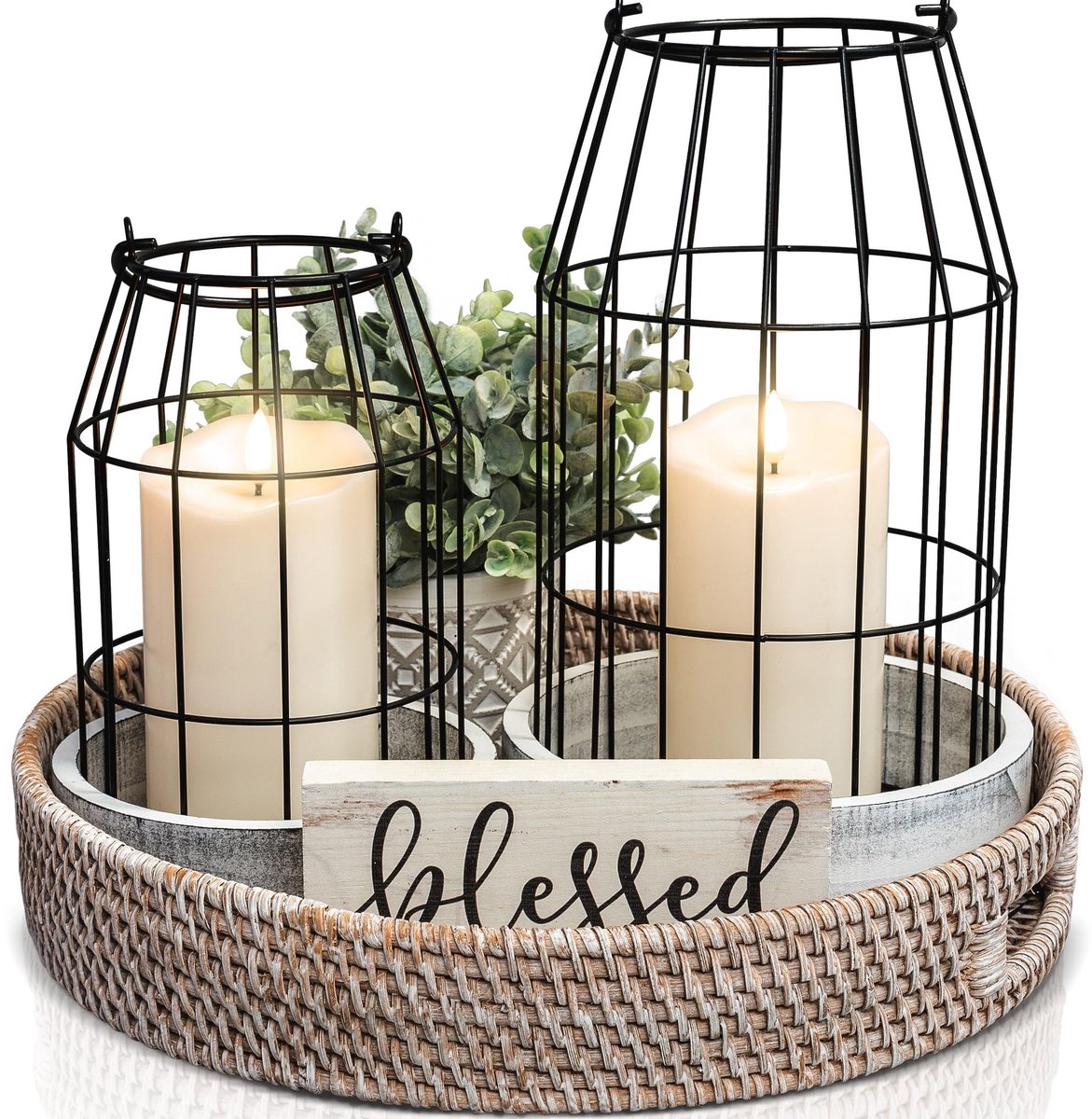 SnelShoppen - Rustieke Boerderij Lantaarn Set - Stijlvolle Decoratieve Lantaarns van Metaaldraad en Hout voor Woonkamer, Eettafel, Open Haard - Modern