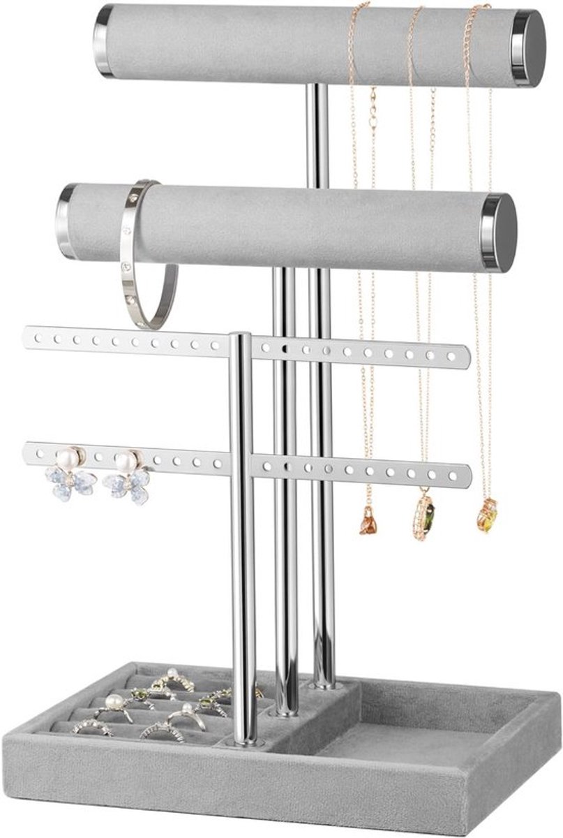 Drie-laags Sieraden Organizer in Grijs, Velvet Houder voor Armbanden, Kettingen, Horloges en Ringen, Perfect voor Opbergen en Organiseren van Sieraden