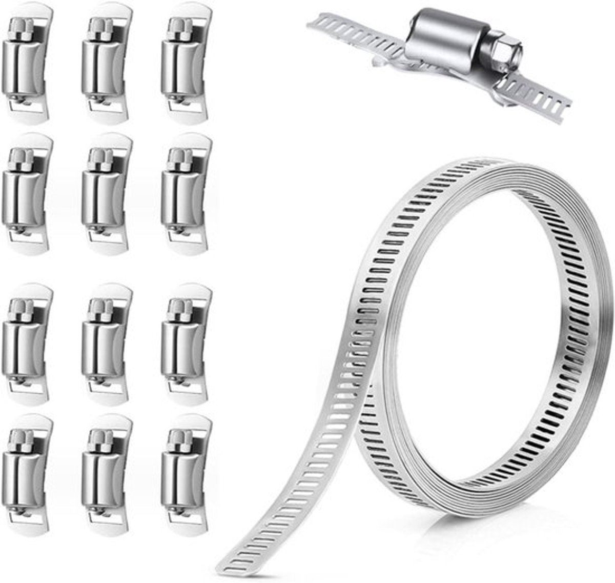 Roestvrijstalen Slangklemmen Set voor DIY Projecten - Inclusief 3 meter Verstelbare Band en 6 Stuks Bevestiging - Ideaal voor Tank, Huis Gasleiding en Waterleiding