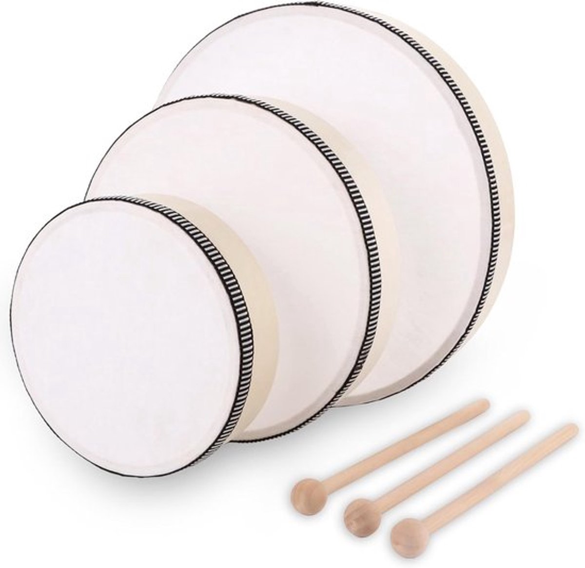 Set van 3 Handdrums met Stamper, 15cm, 20cm en 25cm, Tambourine Percussie voor Feesten en Optredens, Houten Drumset