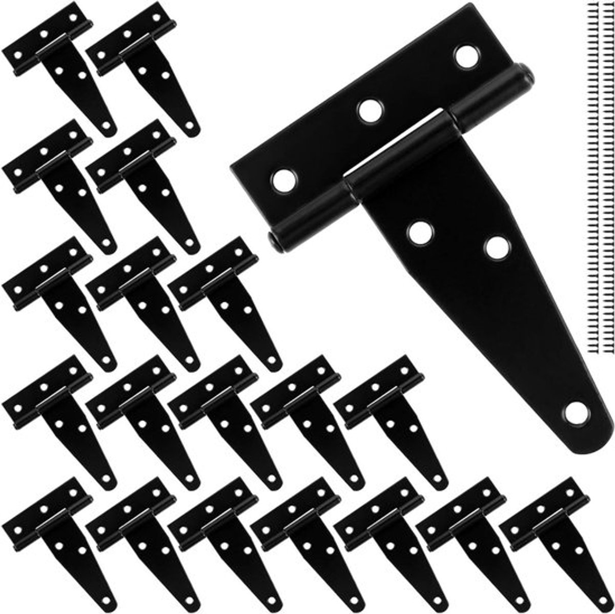 20 stuks inklapbare T-scharnieren voor houten deuren - zwart, 75 mm - zware belasting - incl. 140 schroeven - schuurdeuren, tuinpoort, ramen