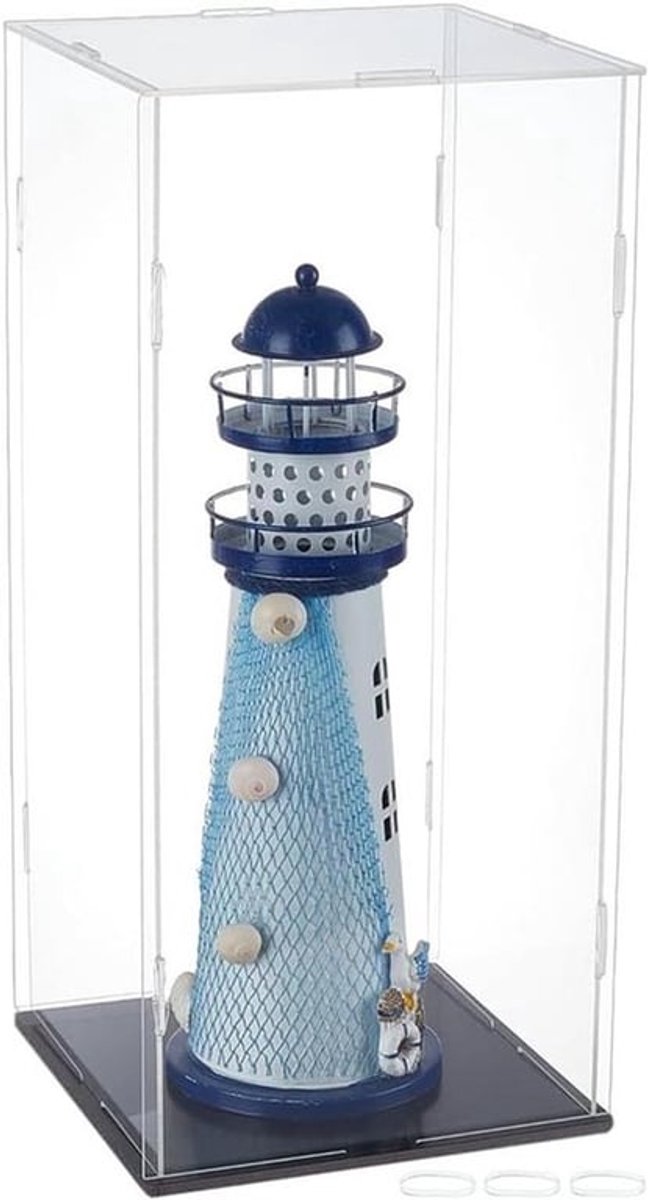 Vitrine Acryl 16,4 x 16,4 x 36,9 cm - Transparant Display Box voor Minifiguren - Opbergdoos met Rubbers - Decoratieve Vitrine voor Collectibles