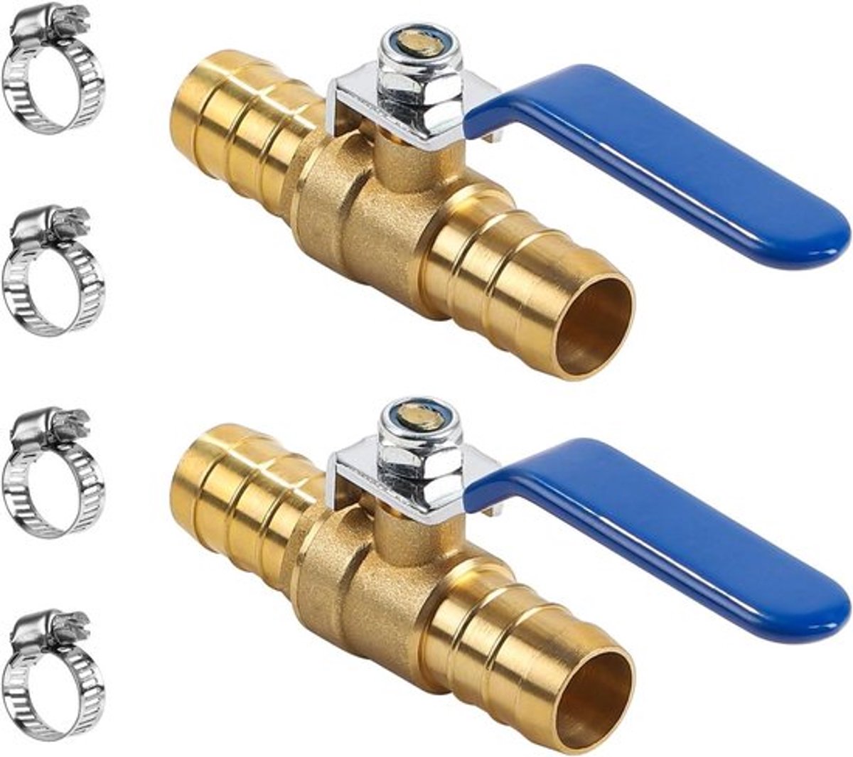 Messing kogelkranen 19 mm - 2 stuks - 2-weg afsluitventiel voor water, olie, brandstof - regelt luchtstroom - set van 4 klemmen