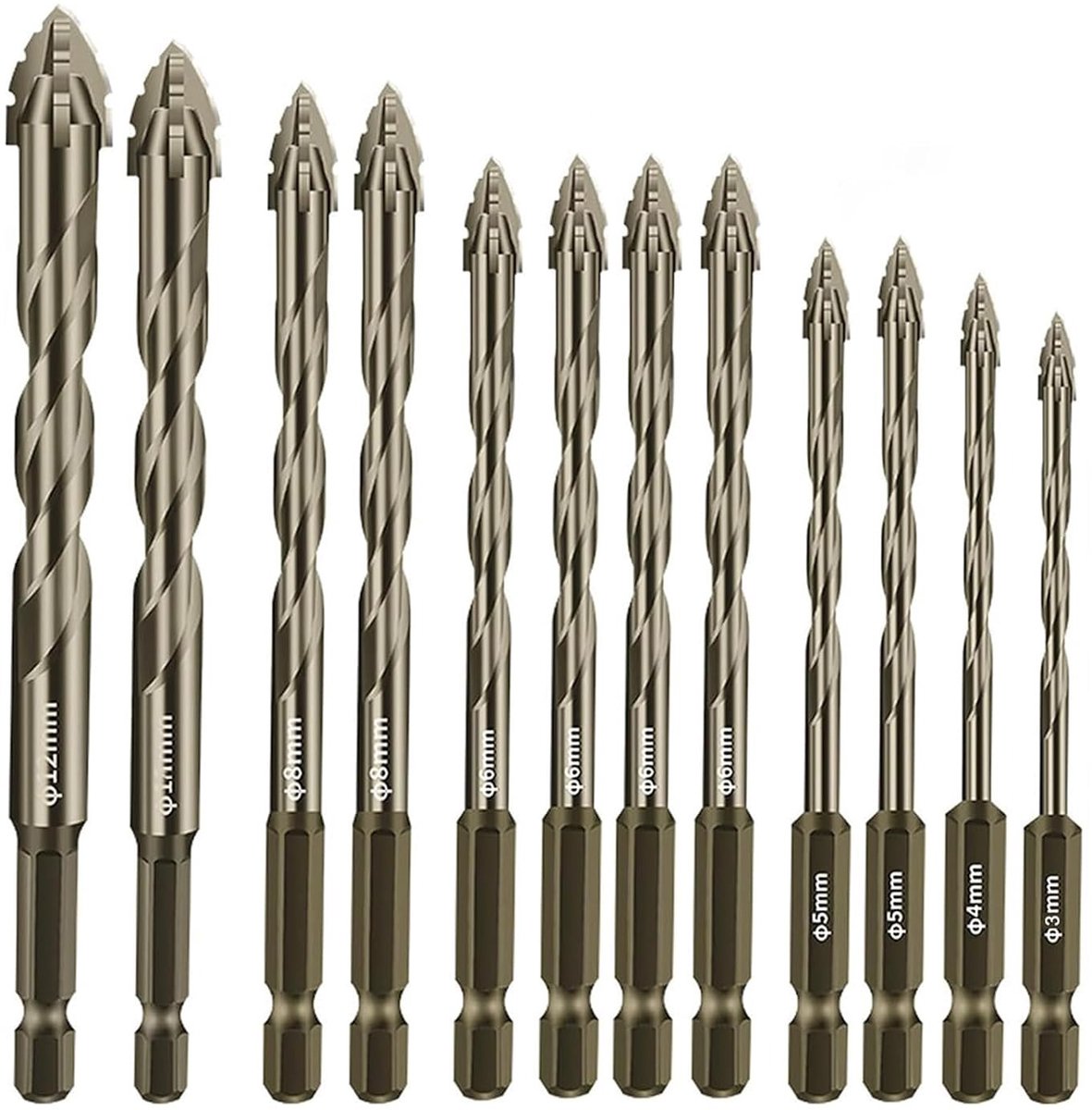 Set van 12 Zaagpunt Boorbits met 4 Snijders, Geschikt voor Glas, Keramiek, Hout en Metaal (3–12mm)