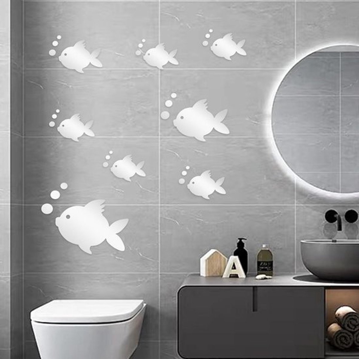 Acryl Vis en Bubbles Muurstickers voor Woonkamer - Decoratieve 3D Spiegel Stickers - Badkamer en Slaapkamer Muurdecoratie Gazen - Zilverkleurig.