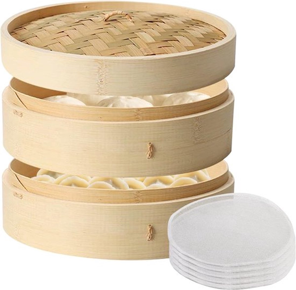 Stoommandje van bamboe, 21 cm, 2 niveaus, ideaal voor rijst, dim sum, groenten en vis, met deksel en antiaanbaklaag