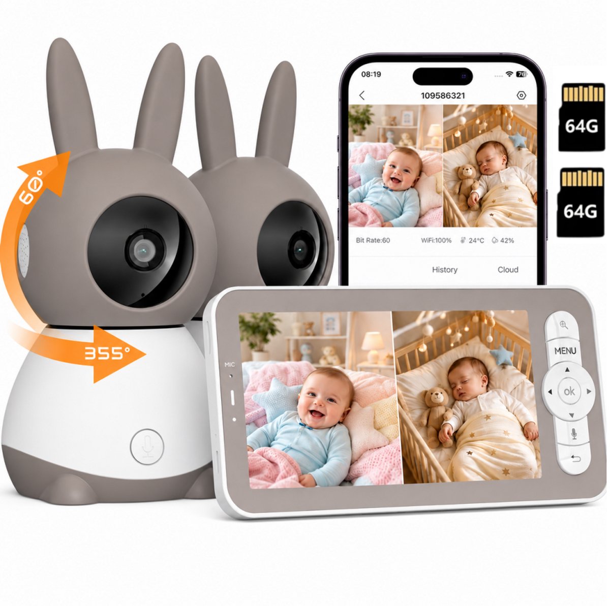Wifi Babyfoon Met 2 Camera's - Baby Monitor - Babyfoon met 5 inch scherm - Ultra HD 2K Resolutie - Op Afstand Bestuurbaar - Slaapliedjes - Met 2*64GB TF-Kaart