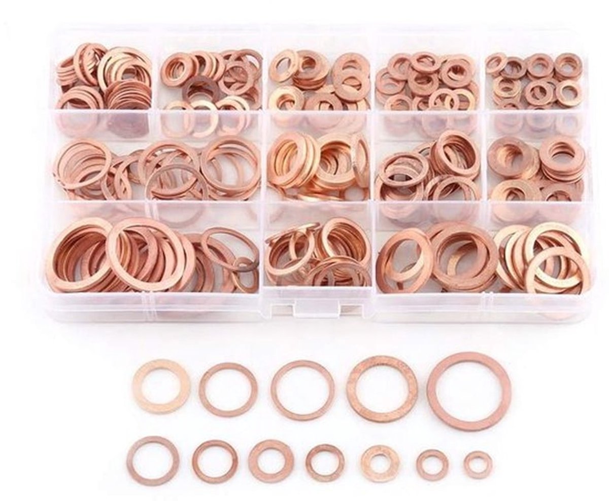 Platte Ringenset van Koper - 280-delig, Diverse Maten - Boutenbevestigingsset voor Isolatie, Trillingsreductie - Hoogwaardig Materiaal - Duurzaam en Veelzijdig - Geschikt voor Meerdere Toepassingen